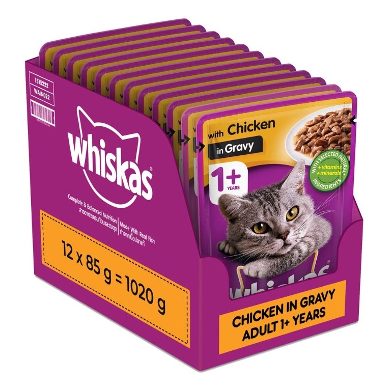 12 Pouches Whiskas Adult Wet Cat Food, Chicken In Gravy